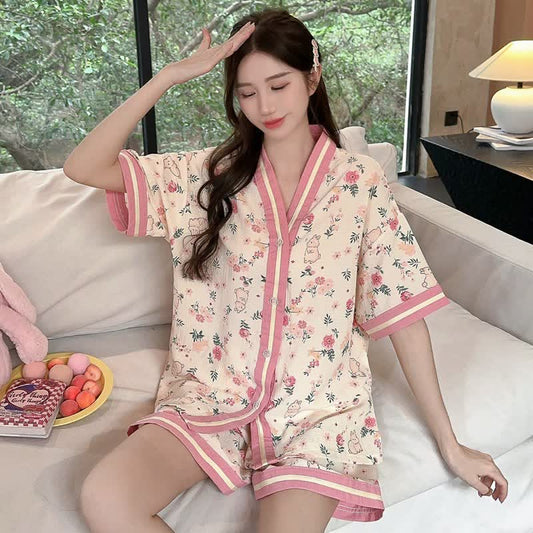 Ownkoti Floral Bunny Short Sleeve Pajama Set - Beige &Pink - 3XL - image 0