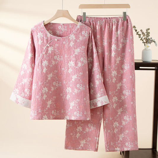 Ownkoti Oriental Pink Floral Cotton Linen Pajamas - Pink - XL - image 0