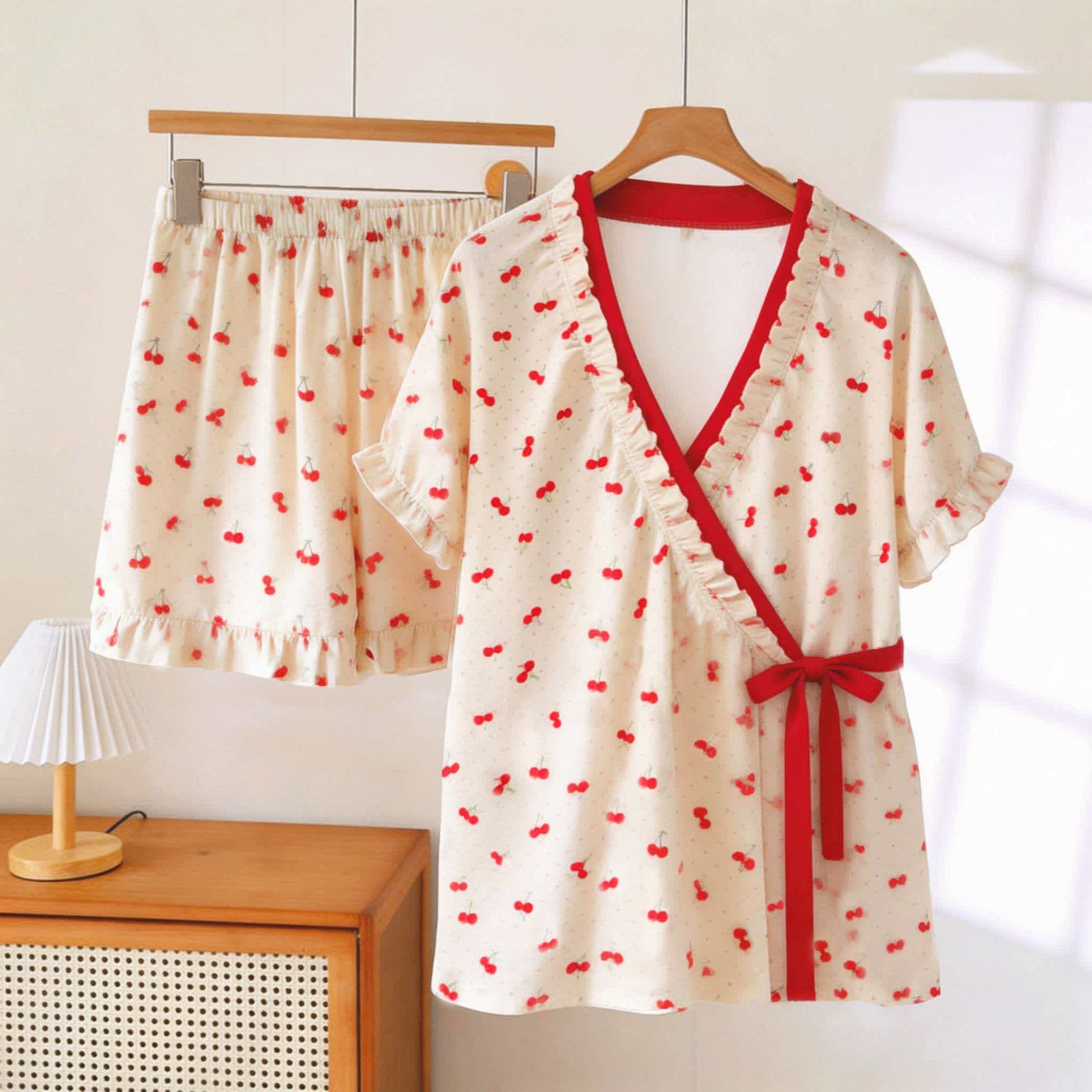 Ownkoti Cherry Polka Dot Ruffle Sleeve Pajamas - Beige & Red - XXXL - image 0