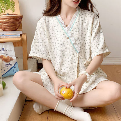 Ownkoti Short Sleeve Kimono Floral Cotton Pajama Set - Green - XXL - image 7