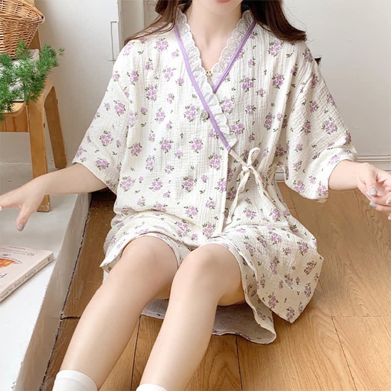 Ownkoti Refresh Floral Kimono Cotton Pajama Set - Beige - XXL - image 1
