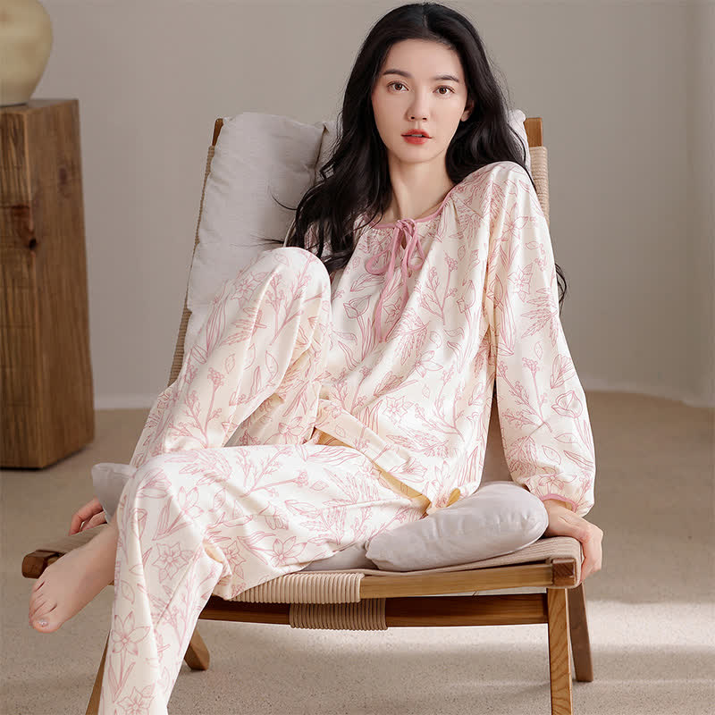 Ownkoti Elegant Floral Cotton Round-neck Pajama Set - Pink - XXL - image 0