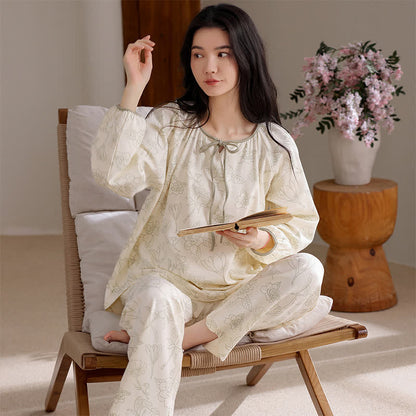 Ownkoti Floral Cotton Two-Piece Long Sleeve Homewear - Green  - XXL - image 0