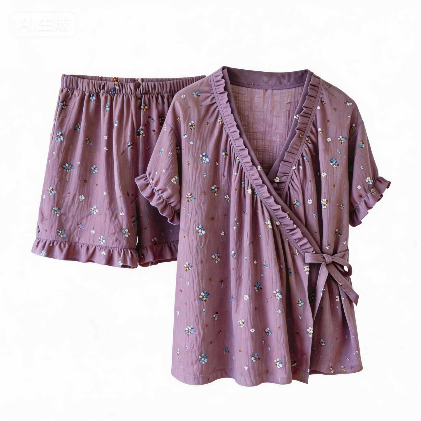 Ownkoti Elegant Purple Floral Ruffle Sleeve Pajamas - image 2