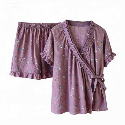 Ownkoti Elegant Purple Floral Ruffle Sleeve Pajamas - image 2