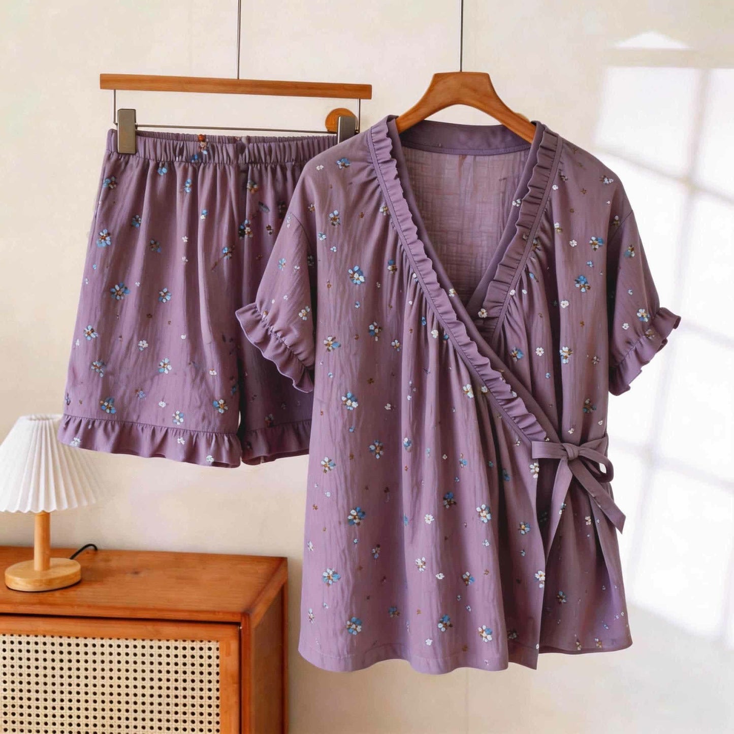 Ownkoti Elegant Purple Floral Ruffle Sleeve Pajamas - Purple - XXL - image 0