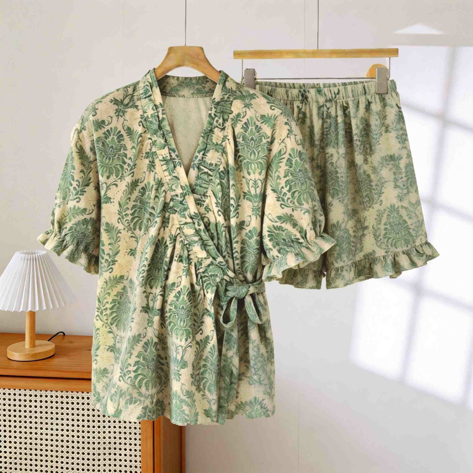 Ownkoti Refresh Green Floral Ruffle Sleeve Pajamas - Green & Yellow - XXL - image 0