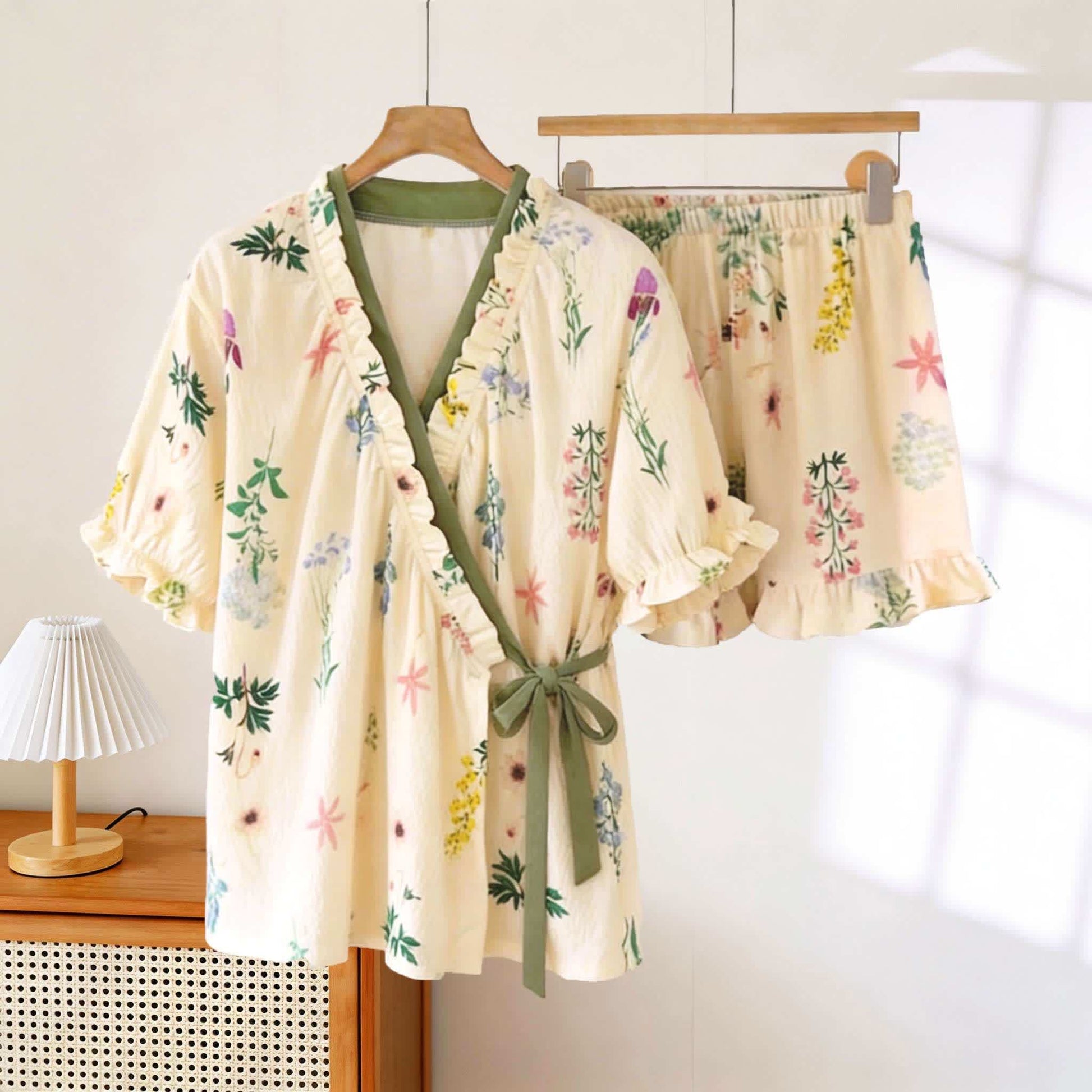 Ownkoti Hydrangea Botanical Ruffle Sleeve Pajamas - Beige & Red - XXXL - image 0