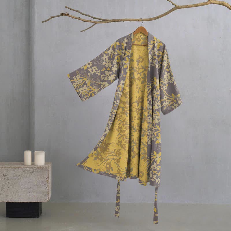 Ownkoti Vintage Rustic Floral Cotton Jacquard Robe - Gray - XXL - image 21
