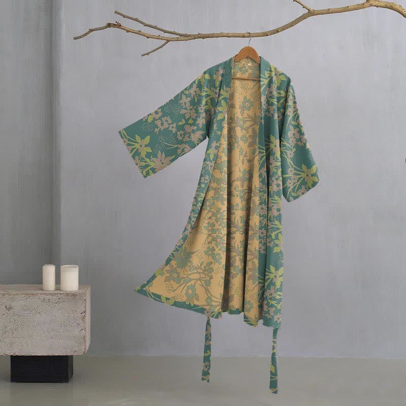 Ownkoti Vintage Rustic Floral Cotton Jacquard Robe - Green - XXL - image 7