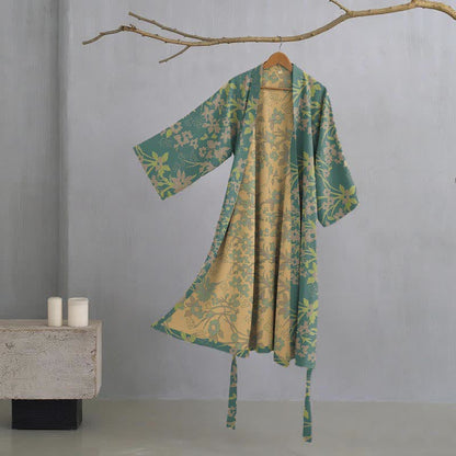 Ownkoti Vintage Rustic Floral Cotton Jacquard Robe - Green - XXL - image 7