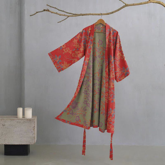 Ownkoti Vintage Rustic Floral Cotton Jacquard Robe - Red - XXL - image 0
