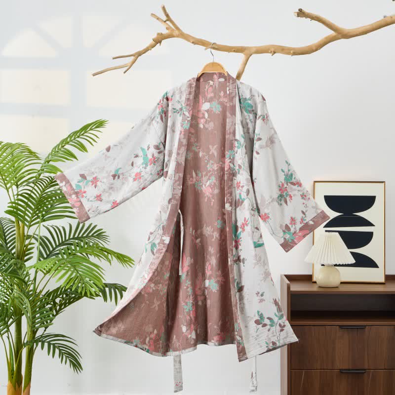 Ownkoti Vintage Floral Cotton Gauze Kimono Robe - Gray - L - image 7