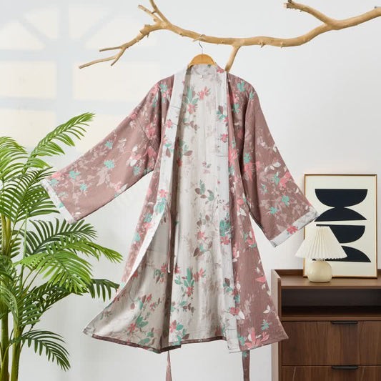 Ownkoti Vintage Floral Cotton Gauze Kimono Robe - Brown - L - image 0