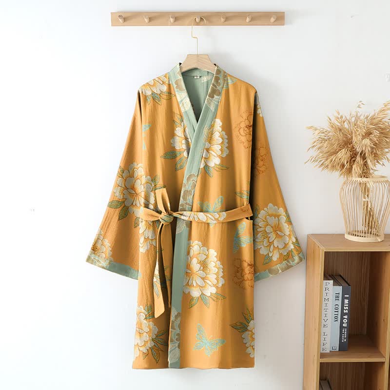 Ownkoti Yellow Peony Cotton Gauze Kimono Robe - image 3