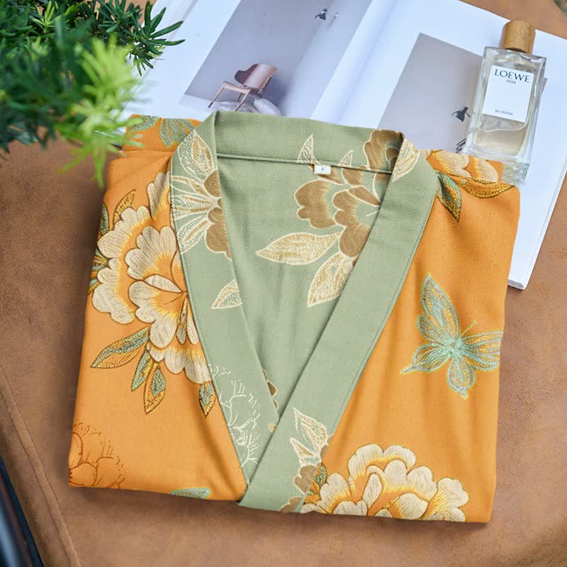 Ownkoti Yellow Peony Cotton Gauze Kimono Robe - image 3