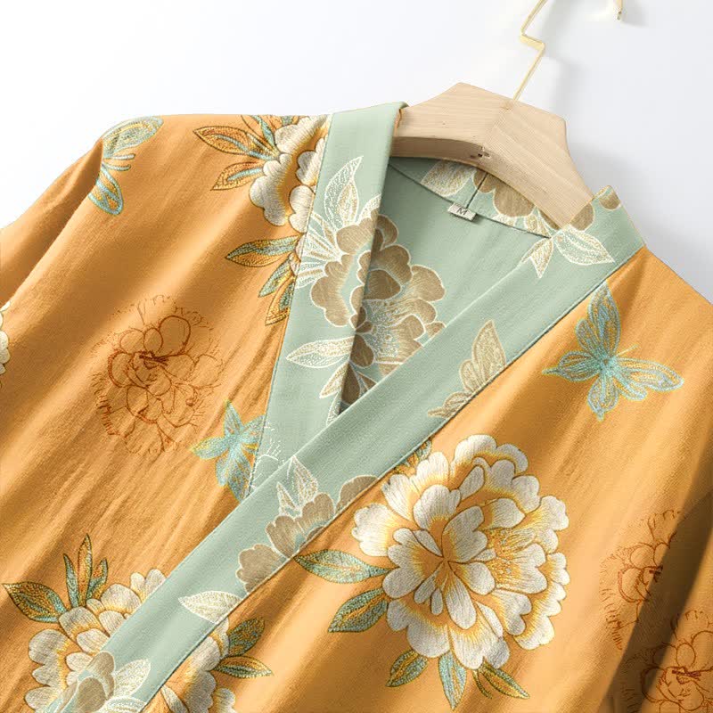 Ownkoti Yellow Peony Cotton Gauze Kimono Robe - image 4