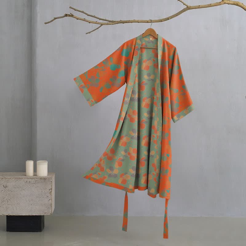 Ownkoti Artistic Floral Cotton Gauze Kimono Robe - Orange - XL - image 0