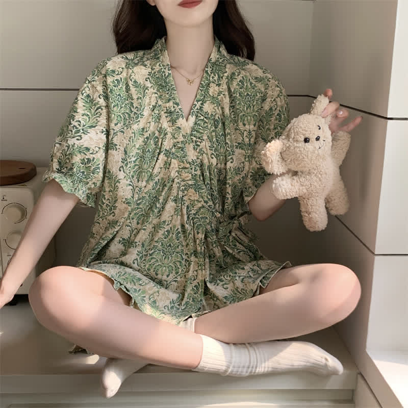 Ownkoti Refresh Green Floral Ruffle Sleeve Pajamas - image 2