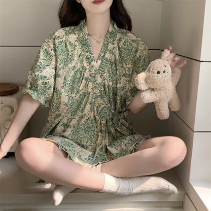 Ownkoti Refresh Green Floral Ruffle Sleeve Pajamas - image 2