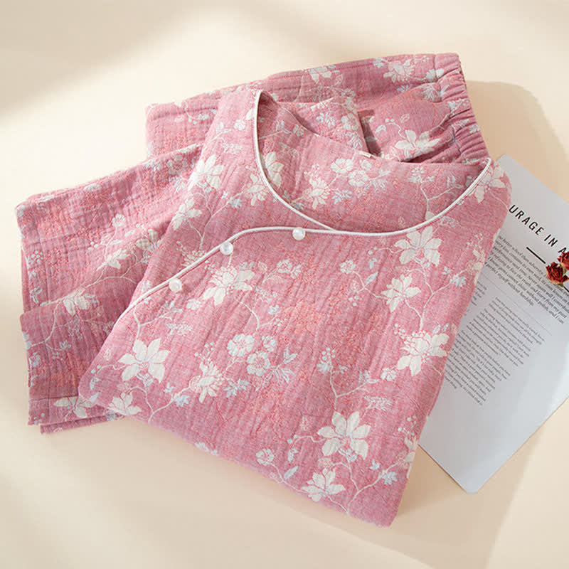 Ownkoti Oriental Pink Floral Cotton Linen Pajamas - image 5