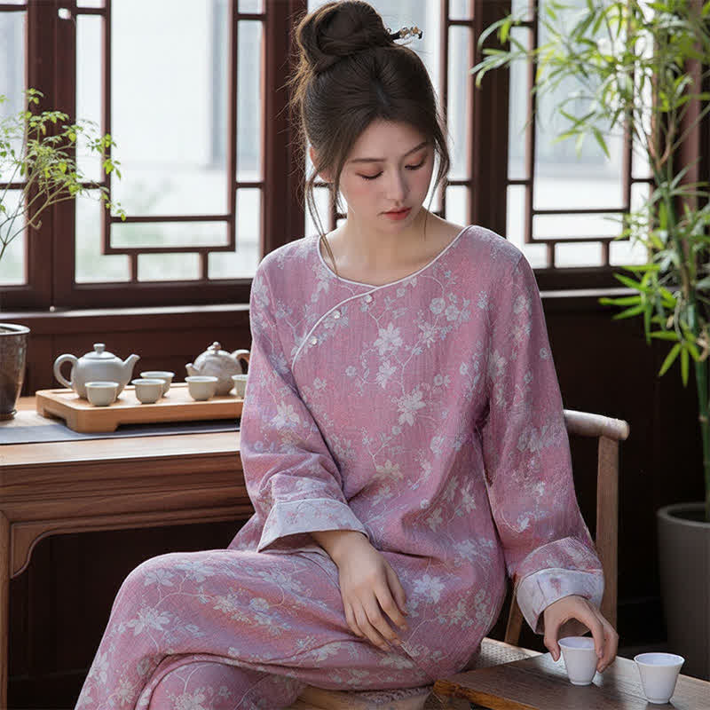 Ownkoti Oriental Pink Floral Cotton Linen Pajamas - image 3