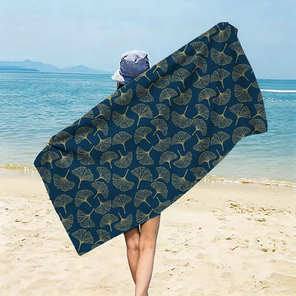 Ownkoti Line Art Ginkgo Leaf Beach Towel - Navy Blue - 59" x 27" - image 0