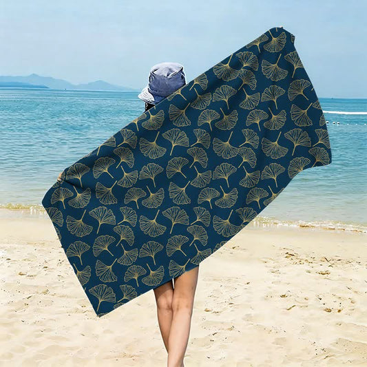 Ownkoti Line Art Ginkgo Leaf Beach Towel - Navy Blue - 59" x 27" - image 0
