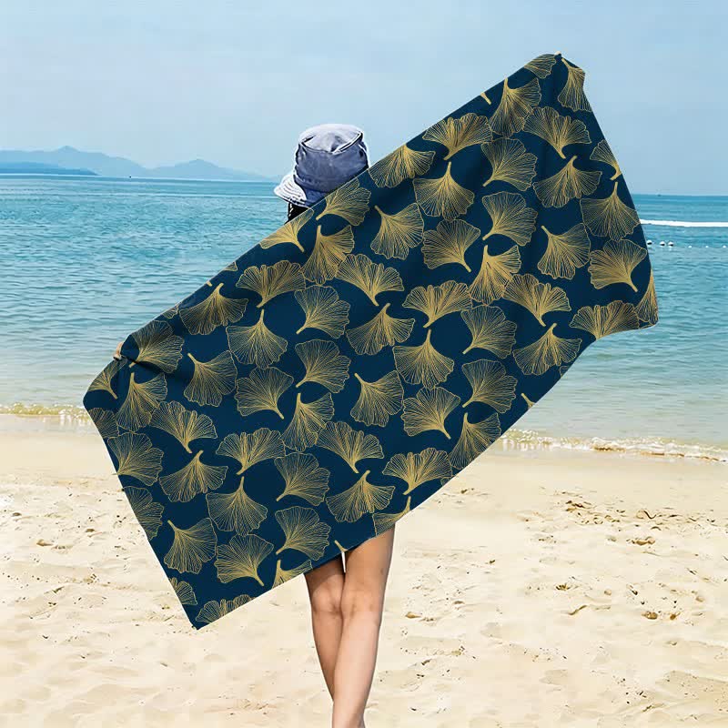 Ownkoti Artistic Line Art Ginkgo Beach Towel - Navy Blue - 59" x 27" - image 0