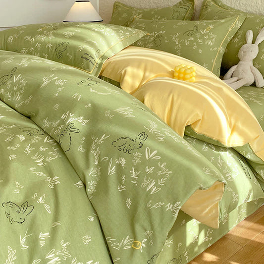 Ownkoti Bunny & Leaf Brushed Cotton Bedding Set - Green - Bedding Set(4PCS) - Queen - image 0