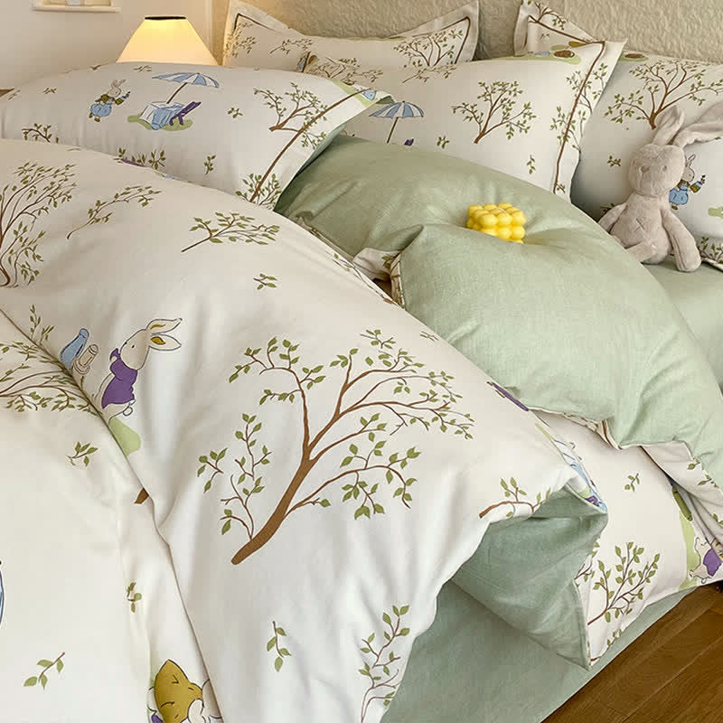 Ownkoti Bunny & Tree Brushed Cotton Bedding Set - White - Bedding Set(4PCS) - Queen - image 0