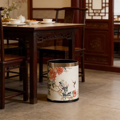 Ownkoti Chinoiserie Peony & Songbird Leather Trash Can - image 1