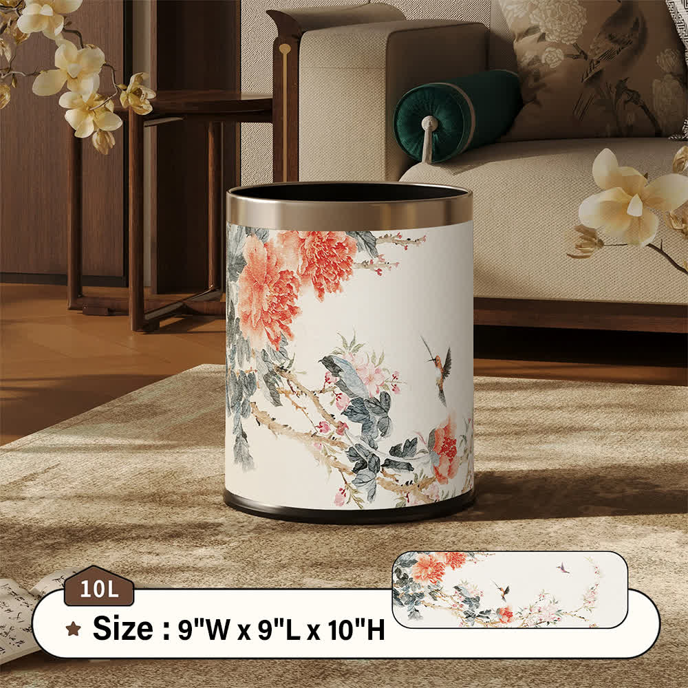 Ownkoti Chinoiserie Peony & Songbird Leather Trash Can - Standard - 9"W x 9"L x 10"H - image 3
