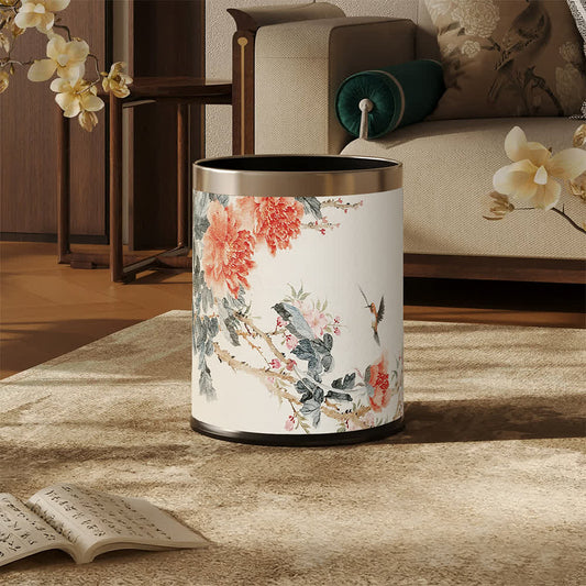 Ownkoti Chinoiserie Peony & Songbird Leather Trash Can - image 0