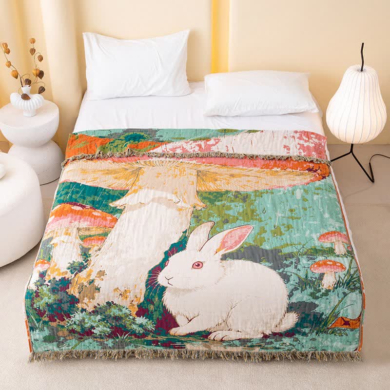 Ownkoti Mushroom & Bunny Cotton Gauze Quilt Blanket - Multicolor - Queen - image 0