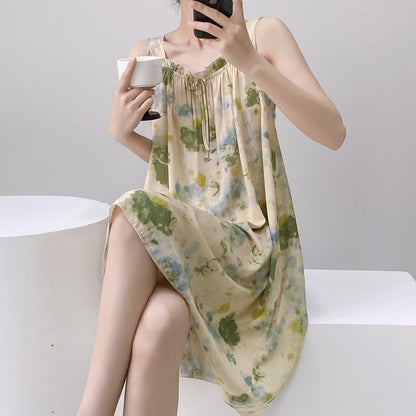 Ownkoti Watercolor Ink Ruffle Neck Sleeveless Nightgown - image 5