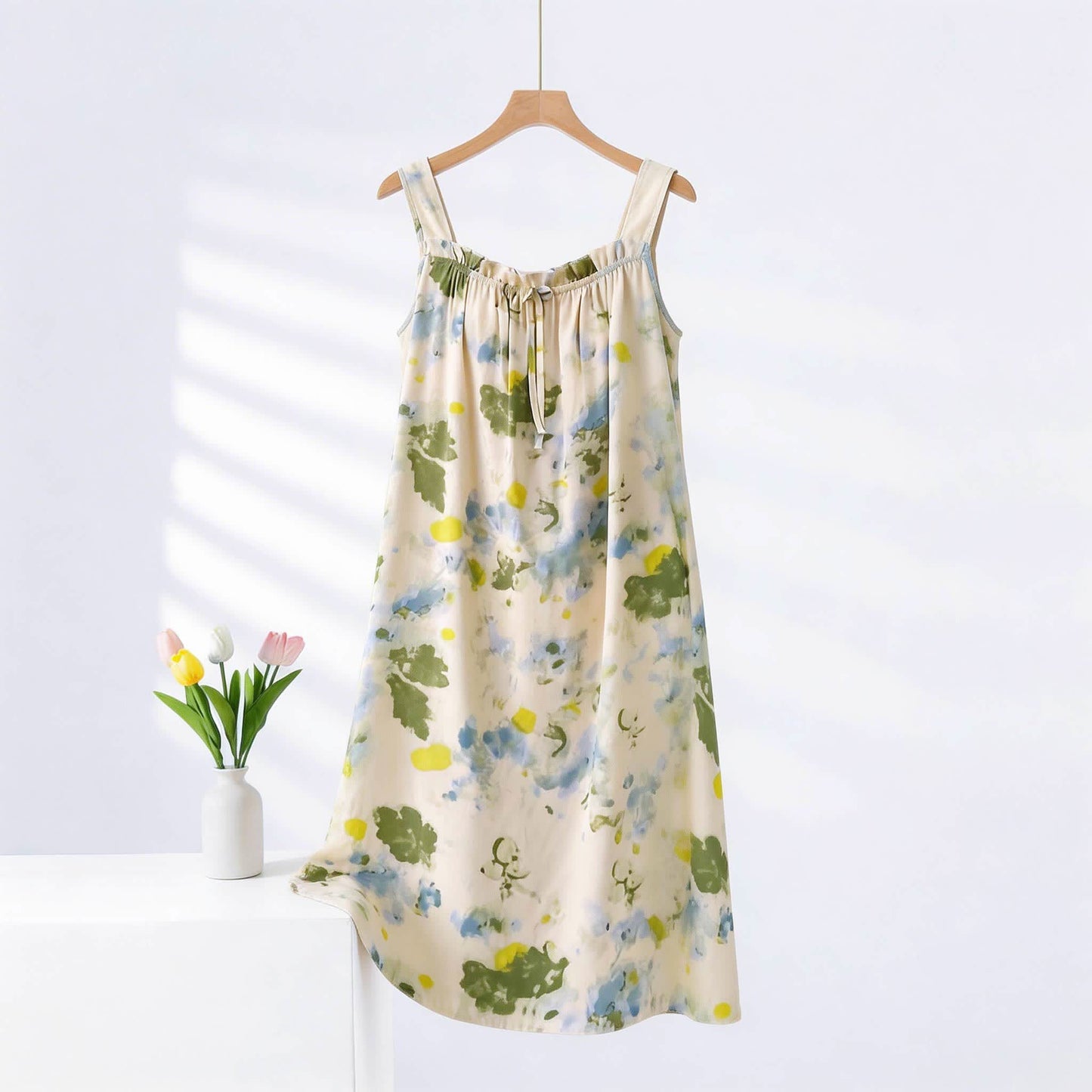 Ownkoti Watercolor Ink Ruffle Neck Sleeveless Nightgown - Green & Beige - Plus Size - image 0