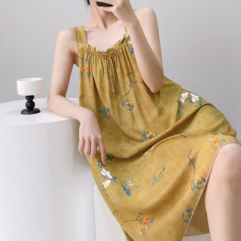 Ownkoti Vintage Floral Ruffle Neck Sleeveless Nightgown - image 2