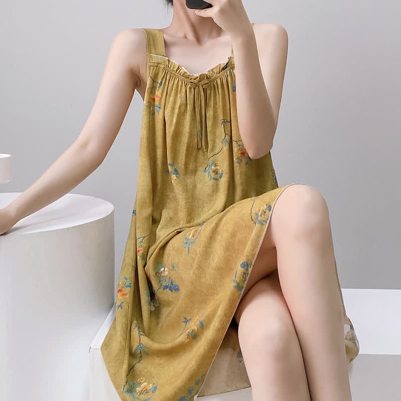 Ownkoti Vintage Floral Ruffle Neck Sleeveless Nightgown - image 5