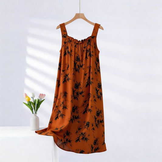 Ownkoti Vintage Bamboo Print Sleeveless Nightgown - Caramel - Plus Size - image 0