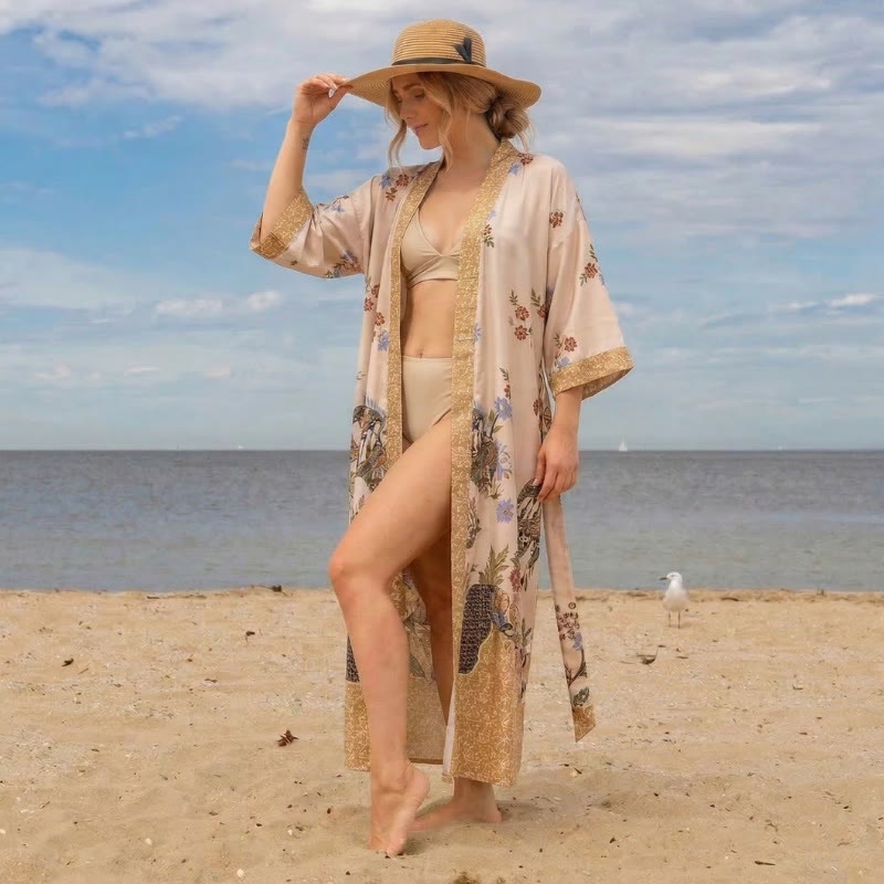 Ownkoti Oriental Floral Bird Kimono Style Bathrobe - image 1