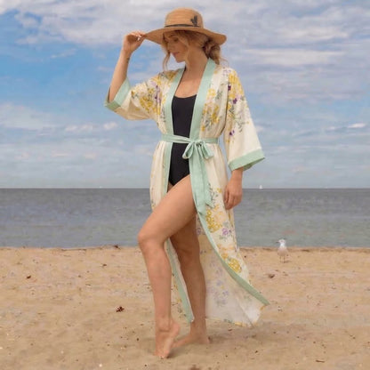 Ownkoti Oriental Yellow Floral Kimono Style Bathrobe - image 1