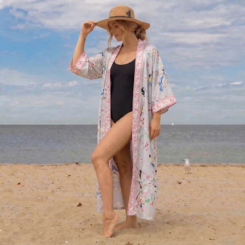 Ownkoti Peach Blossom & Bird Kimono Style Bathrobe - image 1