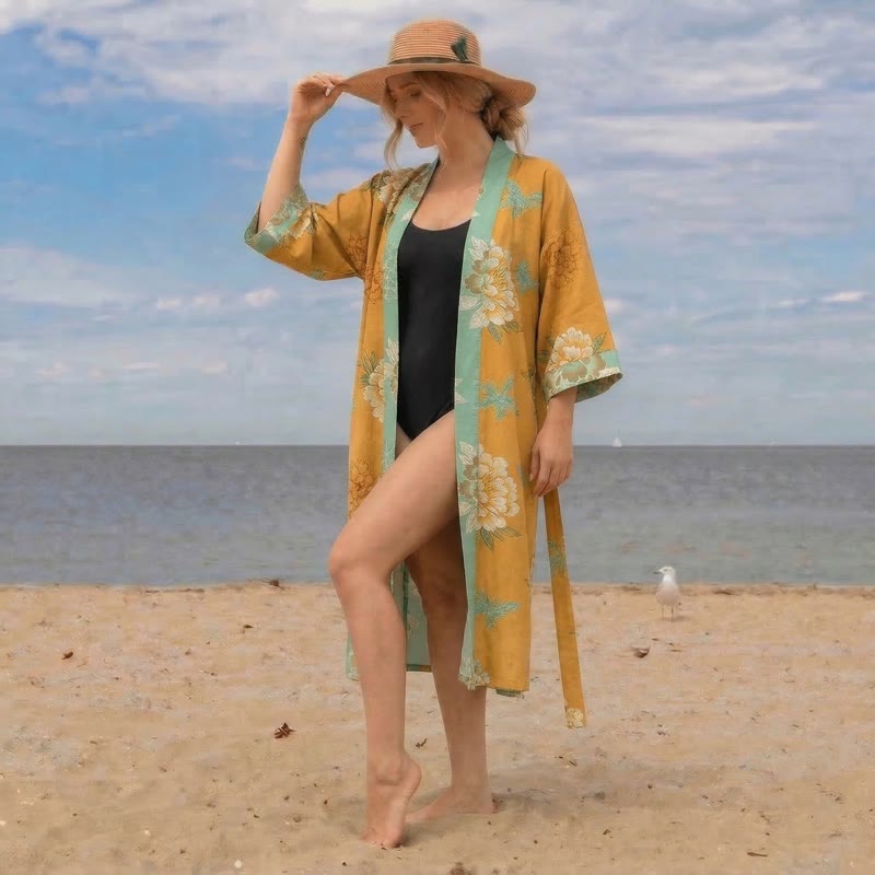 Ownkoti Yellow Peony Cotton Gauze Kimono Robe - image 1