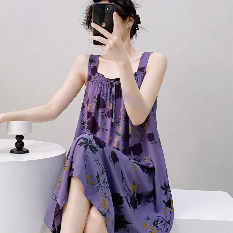 Ownkoti Purple Floral Print Sleeveless Nightgown - image 3