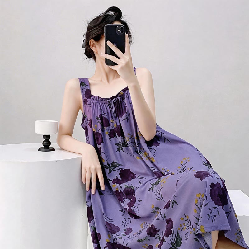 Ownkoti Purple Floral Print Sleeveless Nightgown - image 2