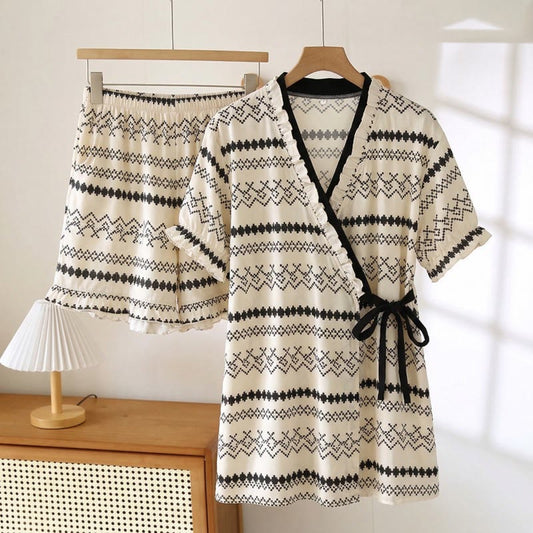 Ownkoti Bohemian Pattern Ruffle Sleeve Pajama Set - Black - 3XL - image 0