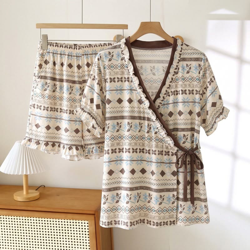 Ownkoti Geometric Pattern & Floral Ruffle Sleeve Pajama Set - Green - 3XL - image 0