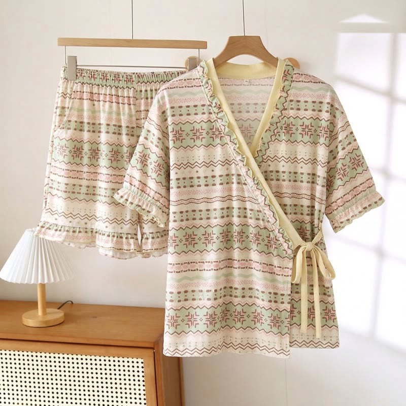 Ownkoti Geometric Pattern Ruffle Sleeve Pajama Set - Beige - 3XL - image 0