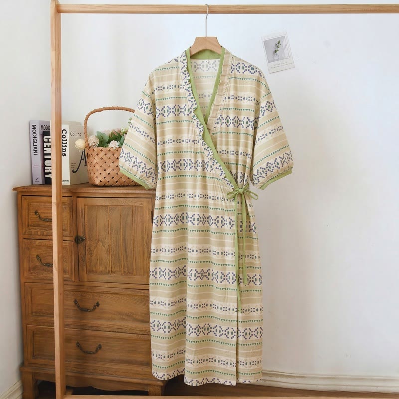 Ownkoti Geometric Pattern Ruffled Side-tie Nightgown - Green  - 3XL - image 0